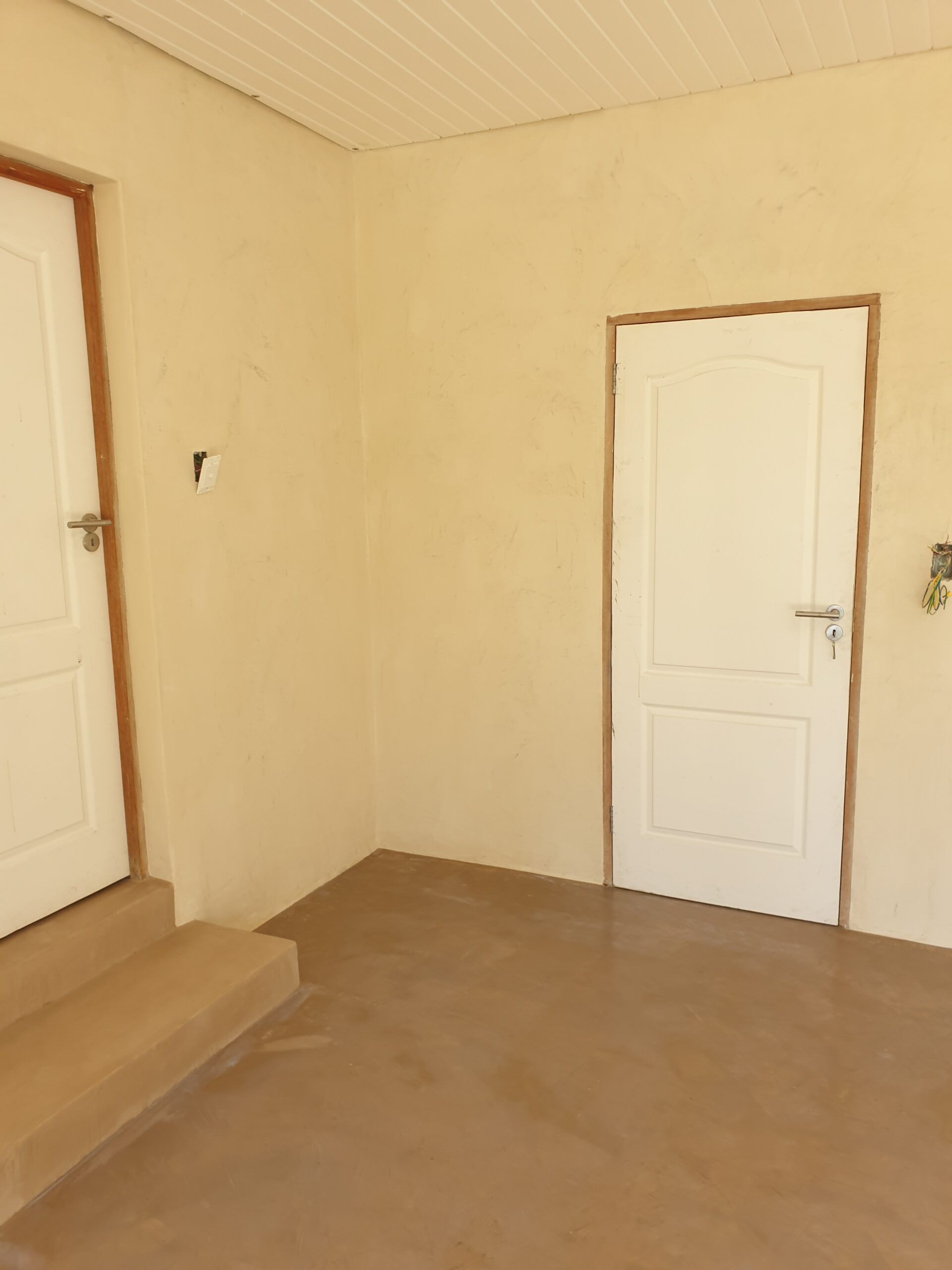 Caramel cement screed floor and step with textured cream walls between two white doors