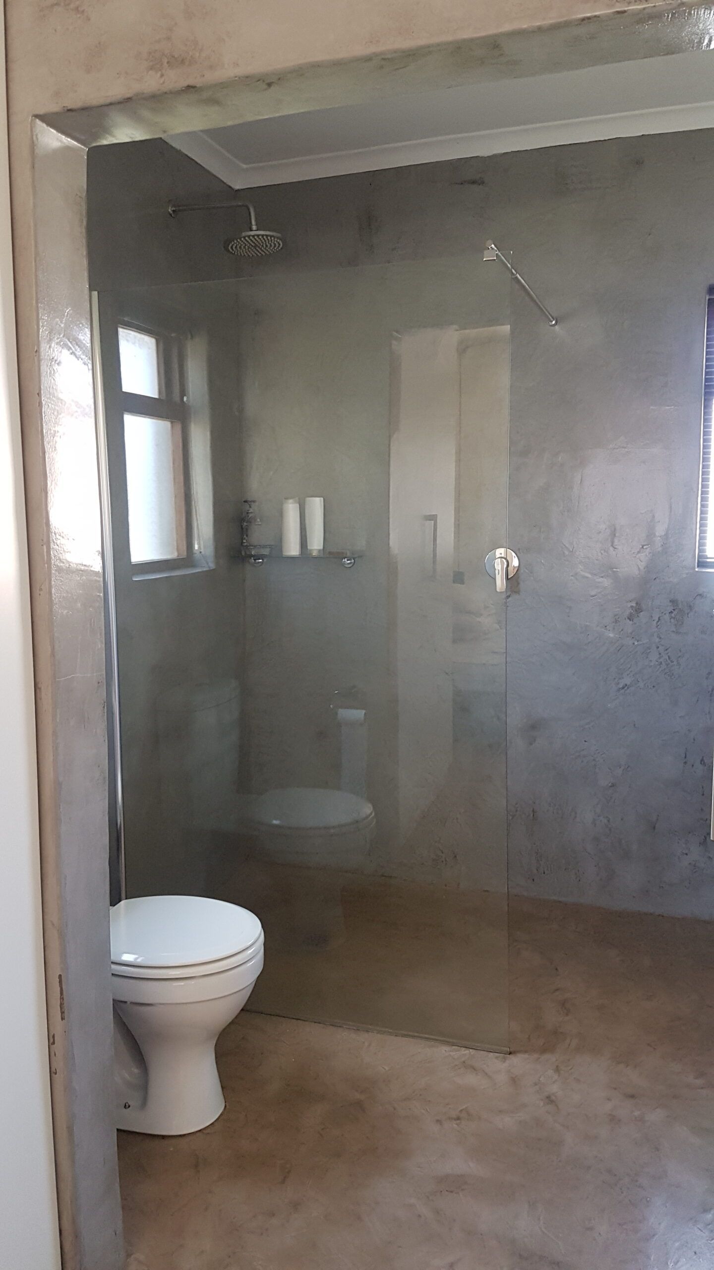 Walk-in shower with grey cement screed walls, glass panel and warm-toned screed floor